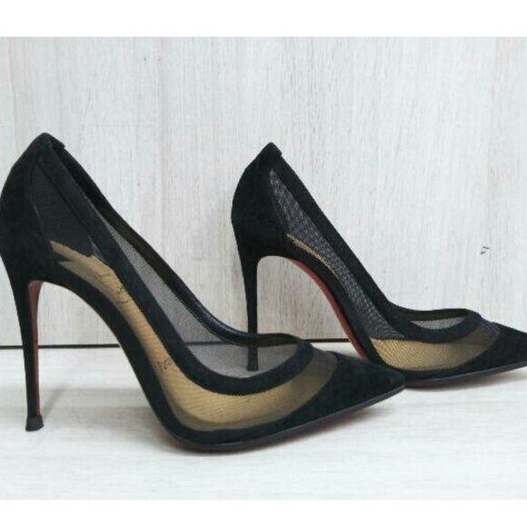 Christian Louboutin Galativi 100 mm Pointed Toe Pumps in Black Velour Mesh 36.5 - Picture 3 of 7